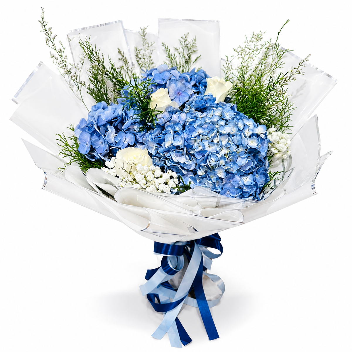 blue flower is hydrangea and white roses