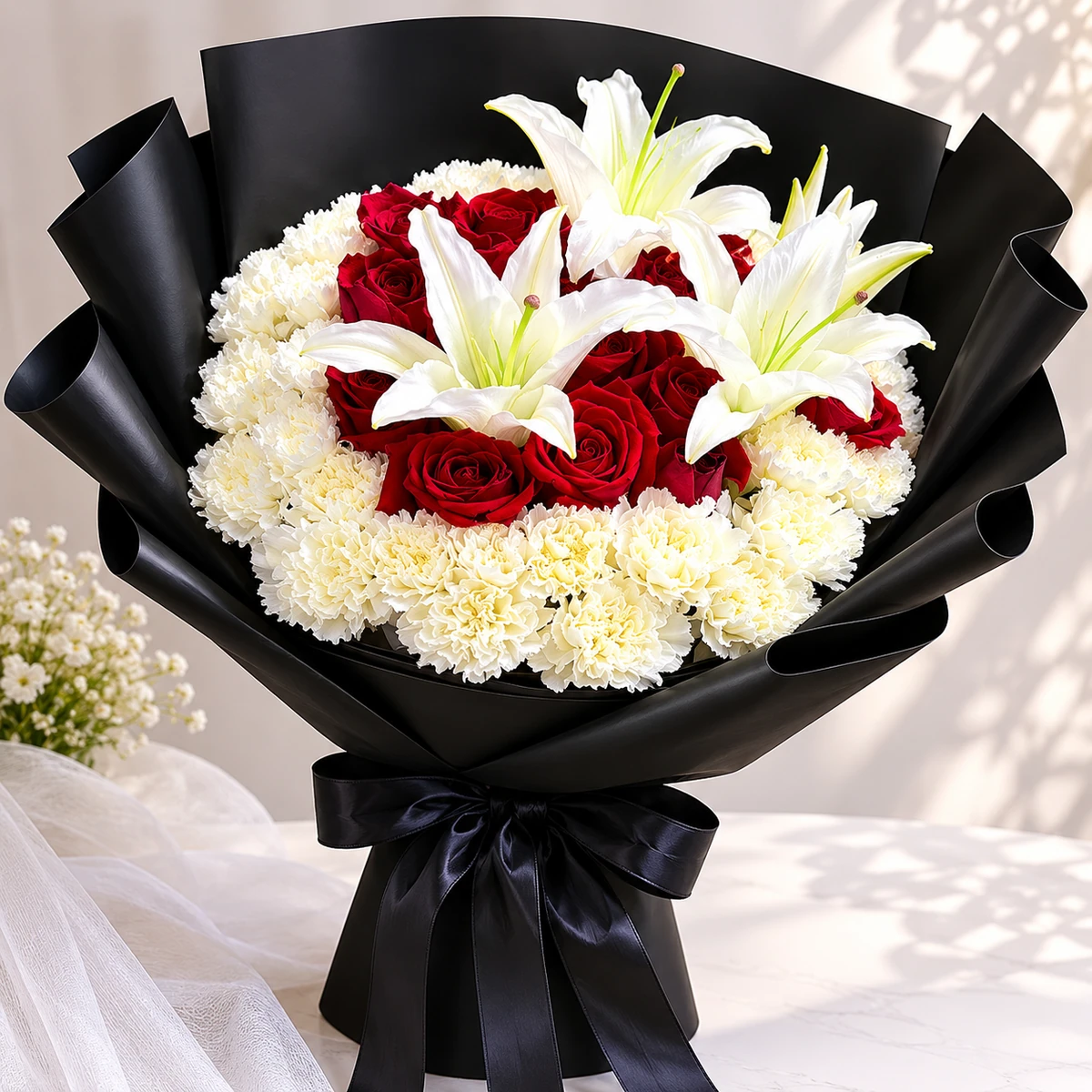 45cm flower bouquet with 9 red roses, 3 white lilies, and 12 white carnations in elegant minimalist wrapping, designed for anniversaries, apologies, and meaningful romantic gestures in Chiang Mai.
