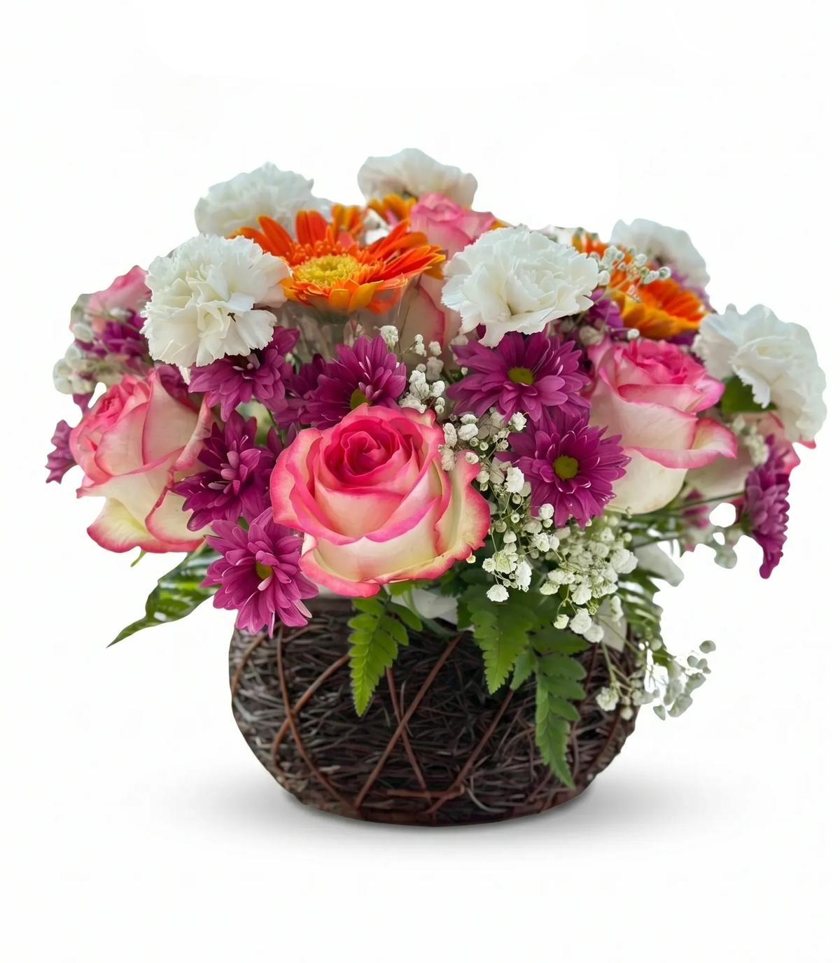 Mixed flower basket with pink roses, white carnations, purple chrysanthemums, orange gerberas, and white baby’s breath in a dark woven basket. This colorful flower basket is a good choice for birthday flowers, congratulations flowers, thank you gifts, and flower basket delivery in Chiang Mai.

Size: width 40cm, height 30cm