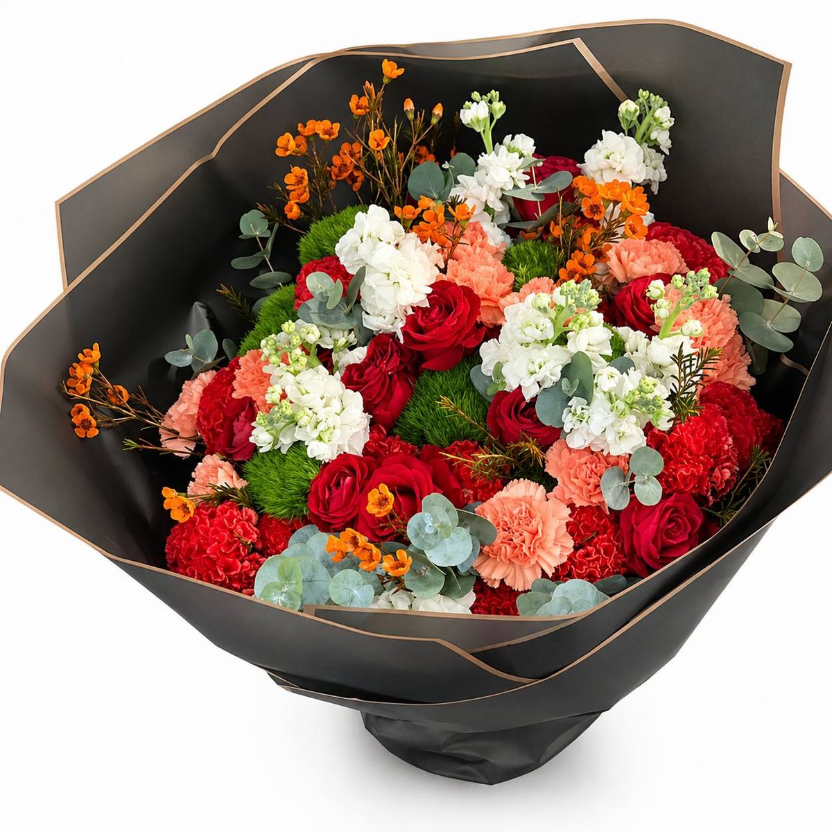Premium flower bouquet with red roses, orange carnations, and white stocks in a luxury black wrap.